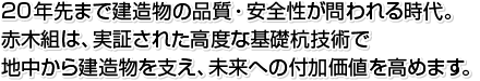 20年先まで建造物の品質・安全性が問われる時代。赤木組は、実証された高度な基礎杭技術で地中から建造物を支え、未来への付加価値を高めます。